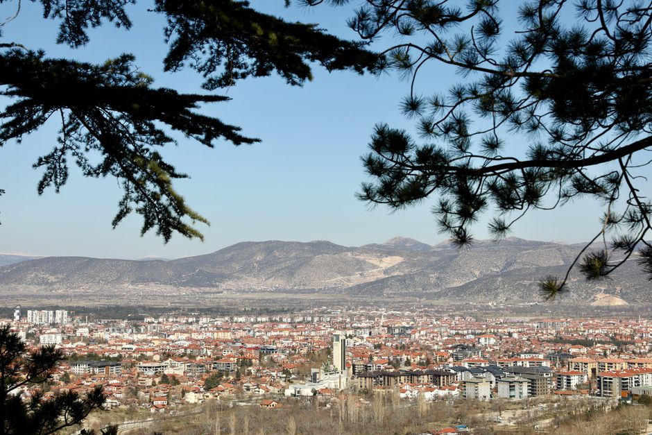 A scenic panorama of Isparta city framed by pine trees, showcasing distant mountains under
