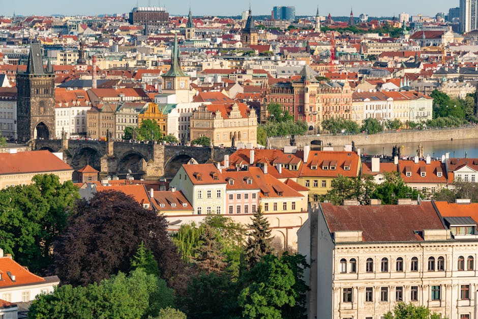 A vibrant aerial view of Prague showcasing historic architecture and the famous Charles Bridge.