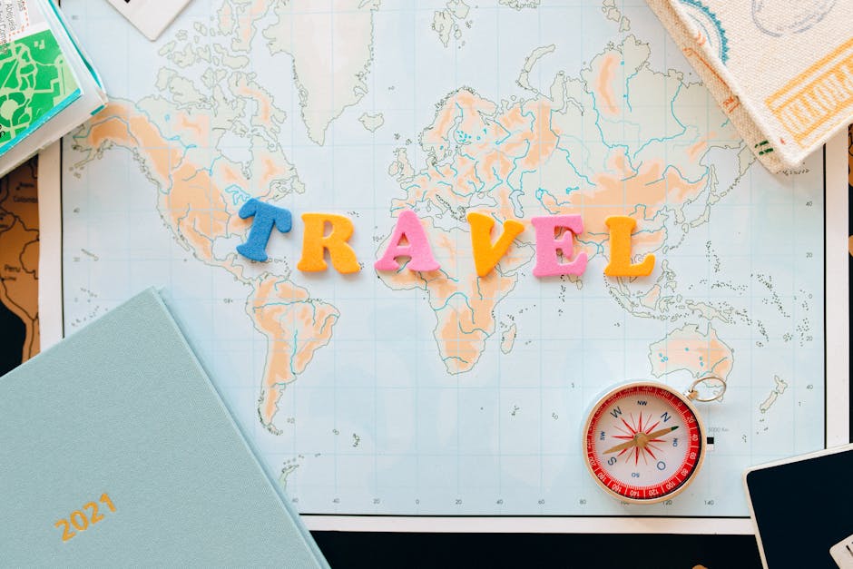 Flat lay of a map with colorful letters
